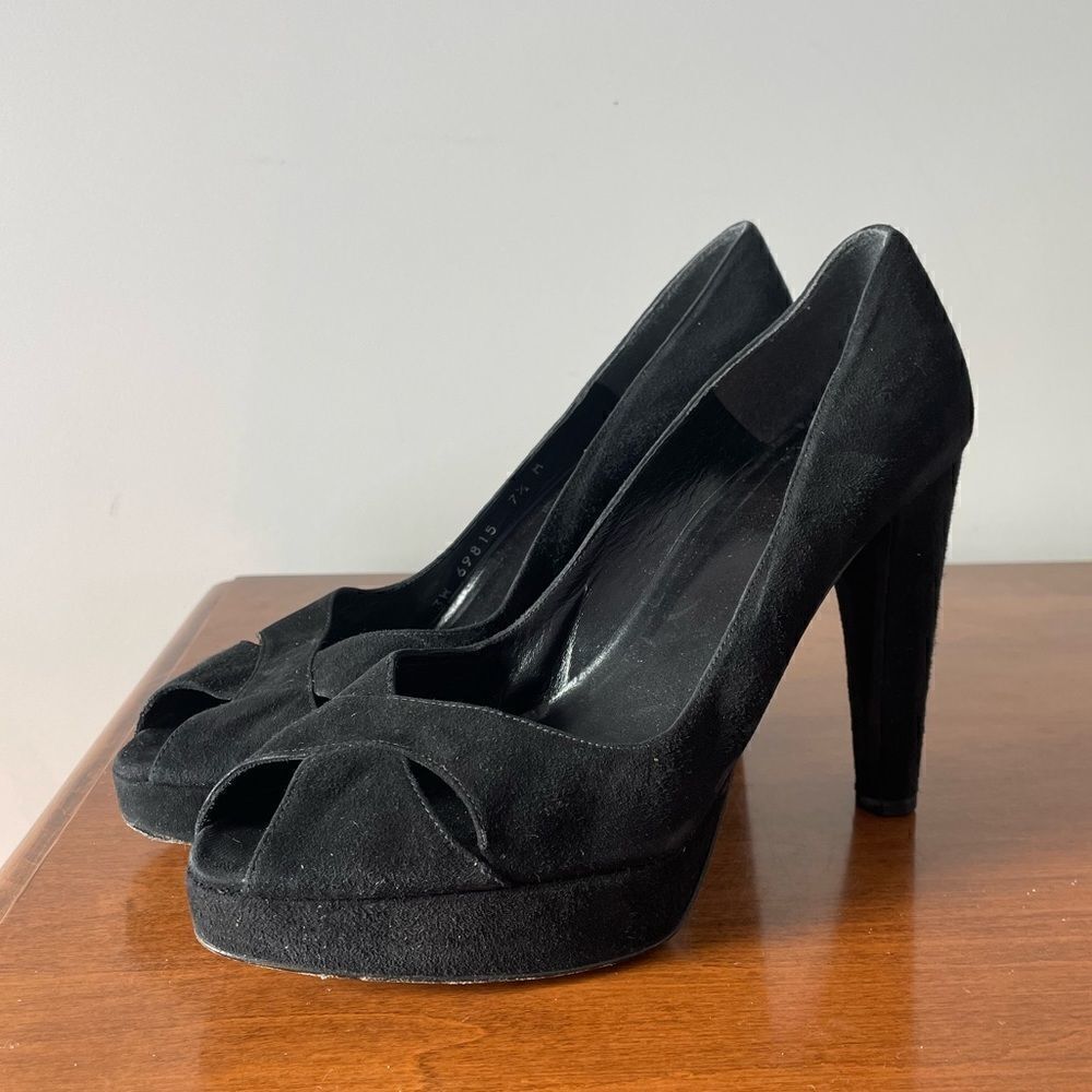 Stuart Weitzman Black Suede Peep-toe Heels